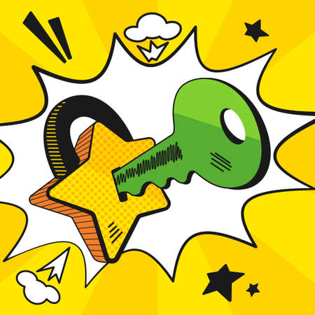 Key in a lock with a star shape, vector illustration in pop art, comic style. One picture from the Super Star seriesのイラスト素材