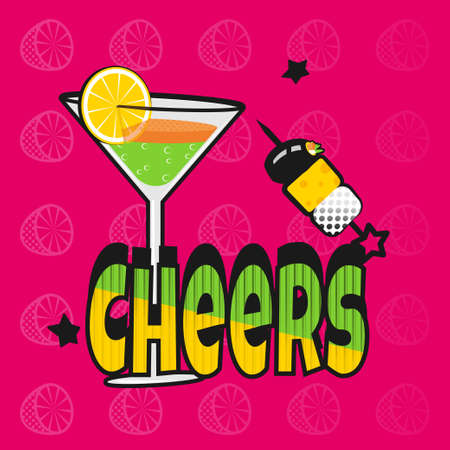 Glass with cocktail and canape, cheers, party, pop art style vector illustration. One picture from the Super Star seriesのイラスト素材