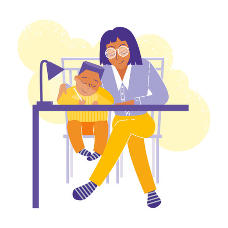 Mom helps her little son to do homework, the child learns to write, vector flat illustration in blue-orange tonesのイラスト素材