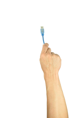 hand holding black USB data storage or connecting computer device with USB cable, isolated on white backgroundの写真素材