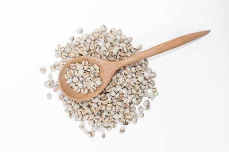 Wooden spoon with millet gruel isolated on white backgroundの写真素材