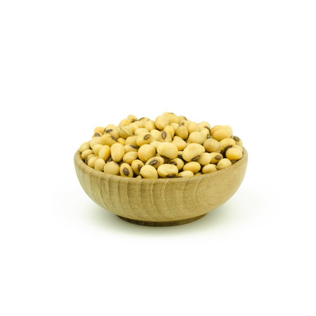 soy beans in bowl wood isolated on white background.の写真素材