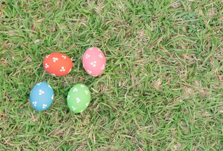 Colorful easter eggs on green grassの写真素材