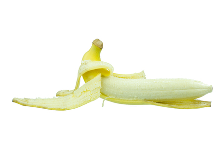 Peeled banana on white backgroundの写真素材