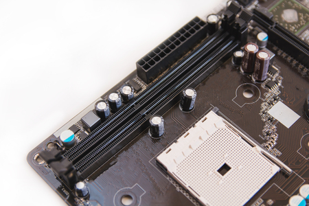 close up of RAM connector slot and CPU Socket on computer motherboard