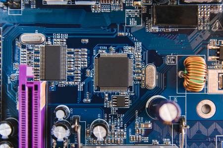 close up chip and Electronic hardware on motherboard top view 