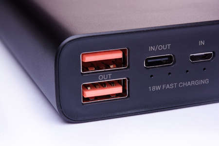 USB, USB Type-C and Micro-USB port on power bankの写真素材