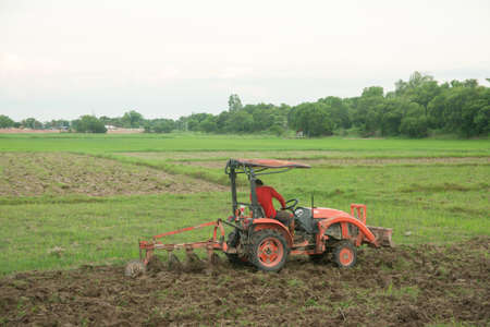 Tractor working plows a field on the farm for planting