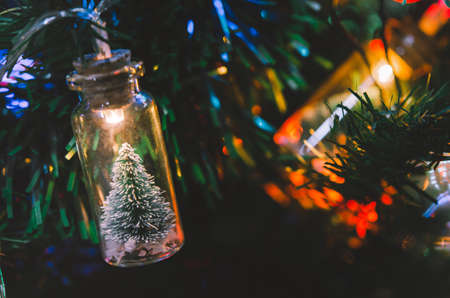 Christmas decoration. Hanging small Christmas tree in glass jar on pine branches christmas tree garland and ornaments over abstract bokehの写真素材
