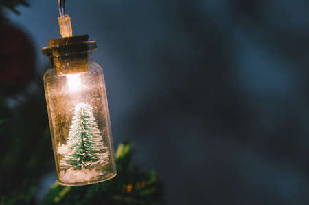 Christmas decoration. Hanging small Christmas tree in glass jar on pine branches christmas tree garland and ornaments over abstract bokehの写真素材