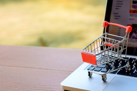 Shopping online. Shopping cart or trolley on laptop keyboard. Shopping service on The online web. offers home deliveryの写真素材