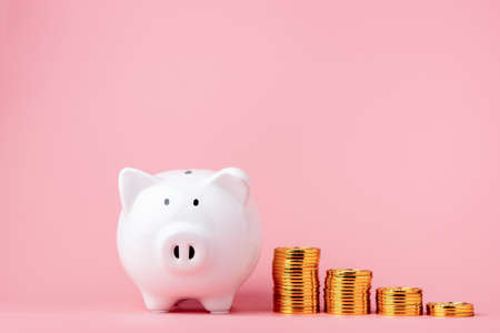 Money saving and investment concept. Piggy bank and coin stack on pink background with copy spaceの写真素材