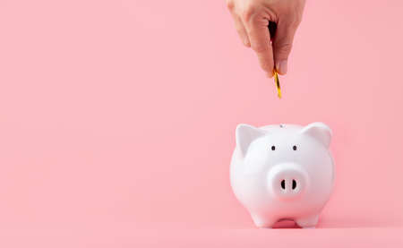 Money saving and investment concept. Hand putting coin to piggy bank on pink background with copy spaceの写真素材