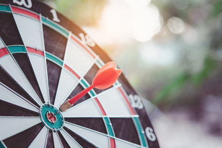 Business marketing success concept. Red dart arrow in center of the target dartboard. Bullseye is a target of business.の写真素材