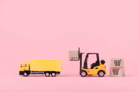 Logistics, and delivery service - Cargo truck, Forklift and paper cartons or parcel with a shopping...
