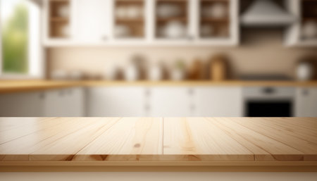 Wooden table with a defocused kitchen room. For montage product display. Copy space. Generative aiの素材