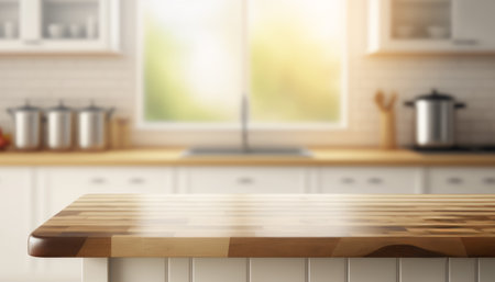 Wooden table with a defocused kitchen room. For montage product display. Copy space. Generative aiの素材