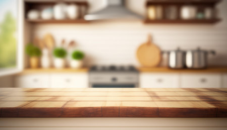 Wooden table with a defocused kitchen room. For montage product display. Copy space. Generative aiの素材