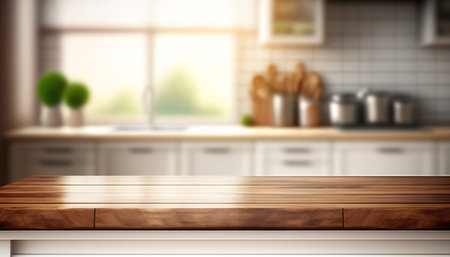 Wooden table with a defocused kitchen room. For montage product display. Copy space. Generative aiの素材