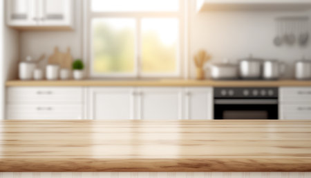 Wooden table with a defocused kitchen room. For montage product display. Copy space. Generative aiの素材