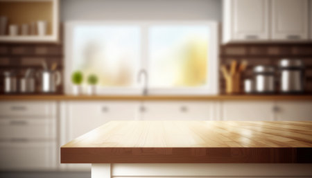 Wooden table with a defocused kitchen room. For montage product display. Copy space. Generative aiの素材