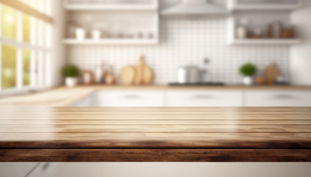 Wooden table with a defocused kitchen room. For montage product display. Copy space. Generative aiの素材