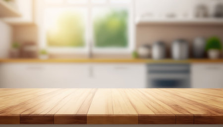 Wooden table with a defocused kitchen room. For montage product display. Copy space. Generative aiの素材