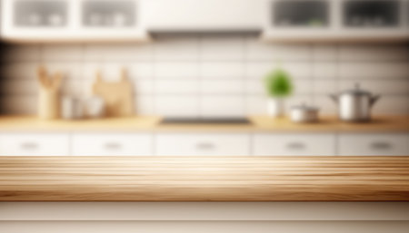 Wooden table with a defocused kitchen room. For montage product display. Copy space. Generative aiの素材