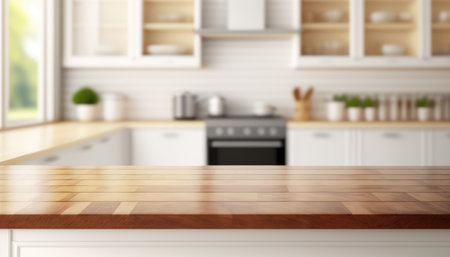 Wooden table with a defocused kitchen room. For montage product display. Copy space. Generative aiの素材