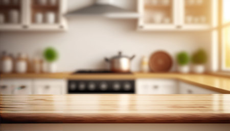 Wooden table with a defocused kitchen room. For montage product display. Copy space. Generative aiの素材