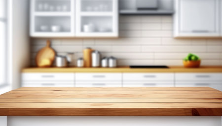 Wooden table with a defocused kitchen room. For montage product display. Copy space. Generative aiの素材