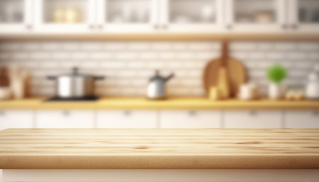 Wooden table with a defocused kitchen room. For montage product display. Copy space. Generative aiの素材