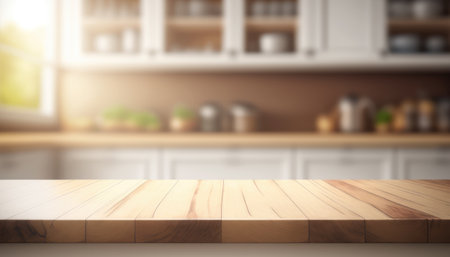 Wooden table with a defocused kitchen room. For montage product display. Copy space. Generative aiの素材
