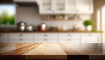 Wooden table with a defocused kitchen room. For montage product display. Copy space. Generative aiの素材