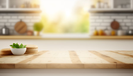 Wooden table with a defocused kitchen room. For montage product display. Copy space. Generative aiの素材