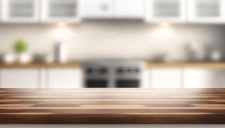 Wooden table with a defocused kitchen room. For montage product display. Copy space. Generative aiの素材