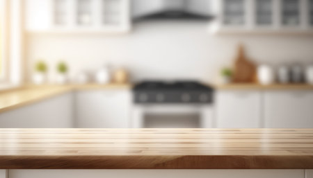 Wooden table with a defocused kitchen room. For montage product display. Copy space. Generative aiの素材