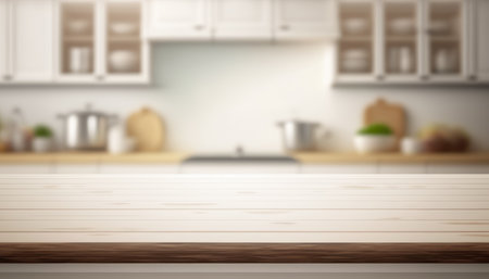 Wooden table with a defocused kitchen room. For montage product display. Copy space. Generative aiの素材