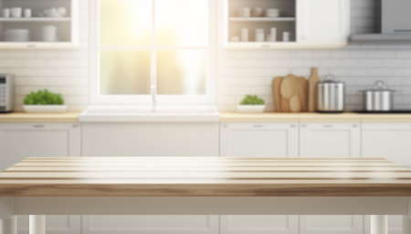 Wooden table with a defocused kitchen room. For montage product display. Copy space. Generative aiの素材