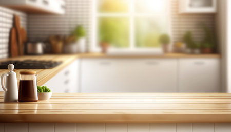 Wooden table with a defocused kitchen room. For montage product display. Copy space. Generative aiの素材