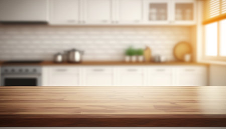 Wooden table with a defocused kitchen room. For montage product display. Copy space. Generative aiの素材