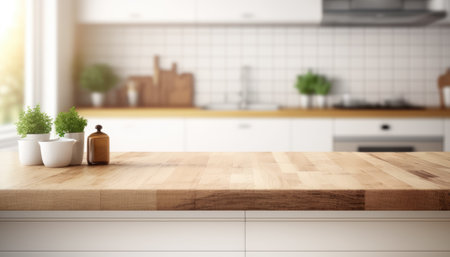 Wooden table with a defocused kitchen room. For montage product display. Copy space. Generative aiの素材
