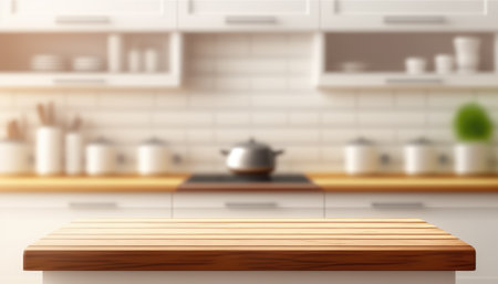 Wooden table with a defocused kitchen room. For montage product display. Copy space. Generative aiの素材