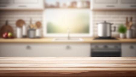 Wooden table with a defocused kitchen room. For montage product display. Copy space. Generative aiの素材