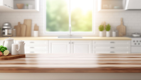 Wooden table with a defocused kitchen room. For montage product display. Copy space. Generative aiの素材