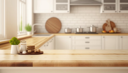 Wooden table with a defocused kitchen room. For montage product display. Copy space. Generative aiの素材