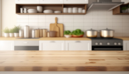 Wooden table with a defocused kitchen room. For montage product display. Copy space. Generative aiの素材