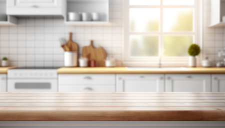 Wooden table with a defocused kitchen room. For montage product display. Copy space. Generative aiの素材