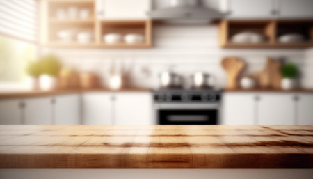 Wooden table with a defocused kitchen room. For montage product display. Copy space. Generative aiの素材