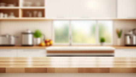 Wooden table with a defocused kitchen room. For montage product display. Copy space. Generative aiの素材